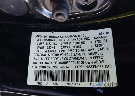 2018 Honda Civic Ex from USA, damaged, VIN 2HGFC2F7XJH546062